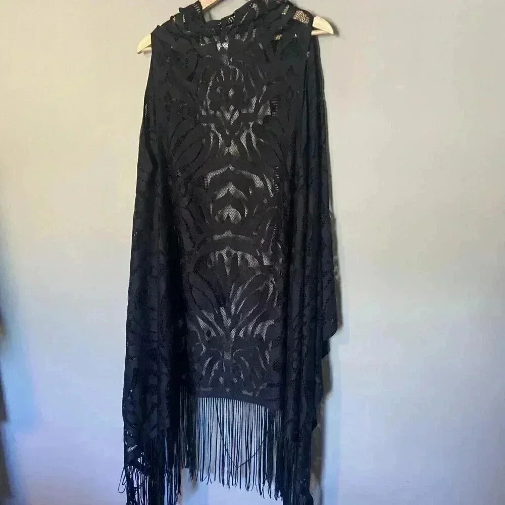 Moss Rose Black Mesh Boho Tassel Kimono One Size Fringe‎ Western Whimsigoth Maxi - Picture 5 of 8